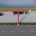 Modern Gas Station Exterior With Red Roof Canopies Fuel Pumps And Road