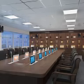 Modern Conference Room With Long Table Black Chairs Laptops Large Screen And Windows 3d model