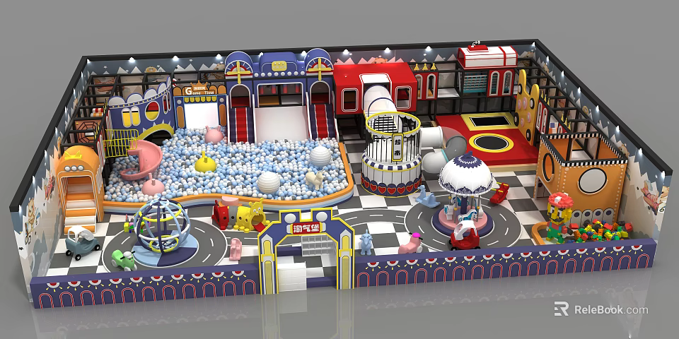 Indoor Playground With Slide Ball Pit Carousel Trampoline And Colorful Design 3d model 