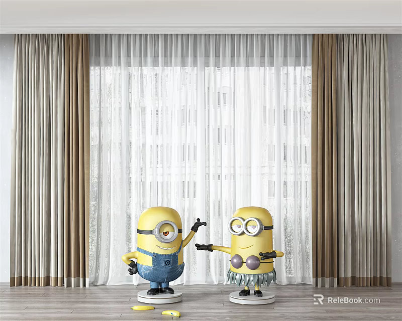 Modern Brown Curtains With White Sheer Layers And Minions In Front For Window Decoration 3d model 