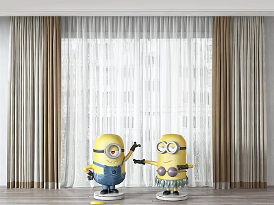 Modern Brown Curtains With White Sheer Layers And Minions In Front For Window Decoration 3d model