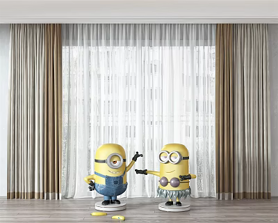 Modern Brown Curtains With White Sheer Layers And Minions In Front For Window Decoration 3d model