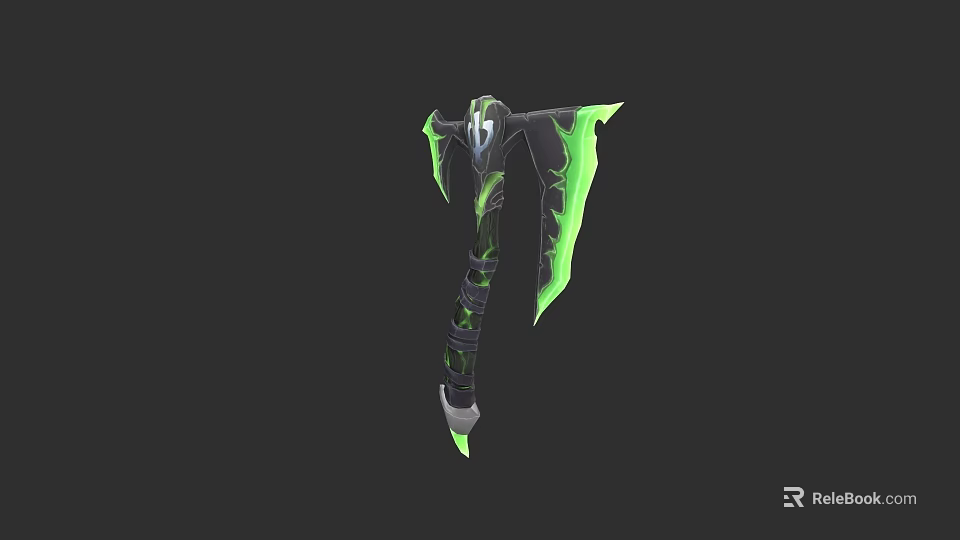 Green Glowing Fantasy Axe Weapon With Black Handle And Sharp Blades 3d model 
