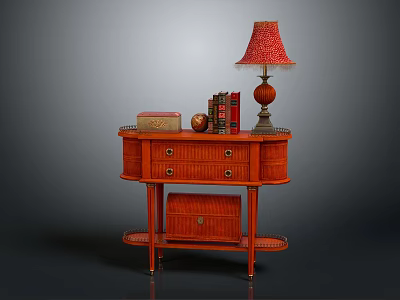 Mahogany Console Table With Red Lampshade Books Box And Decorative Items 3d model
