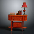 Mahogany Console Table With Red Lampshade Books Box And Decorative Items
