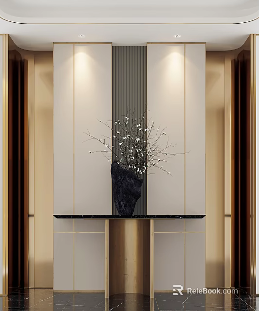Elegant Modern Console Table With Black Countertop Black Vase And White Flowering Branches 3d model 