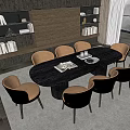 Modern Restaurant Interior With Oval Dark Dining Table Six Brown Upholstered Chairs And Bookshelves