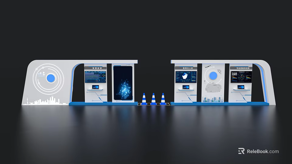 Modern Exhibition Island With Digital Screens Cones And Tech Display Elements 3d model 
