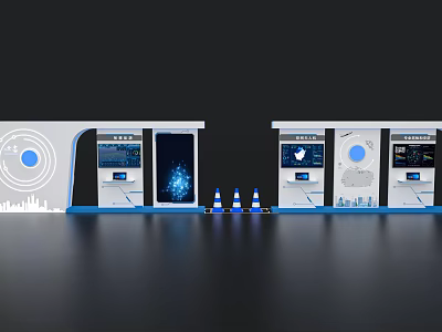 Modern Exhibition Island With Digital Screens Cones And Tech Display Elements 3d model