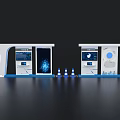 Modern Exhibition Island With Digital Screens Cones And Tech Display Elements