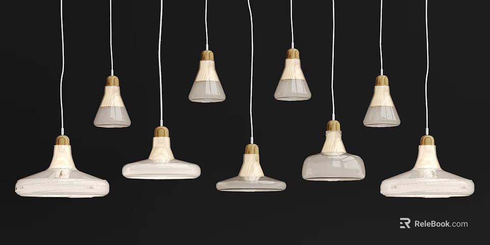 Modern White Ceramic Pendant Lights With Golden Wooden Accents And Flared Hanging Shapes 3d model 