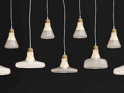Modern White Ceramic Pendant Lights With Golden Wooden Accents And Flared Hanging Shapes 3d model