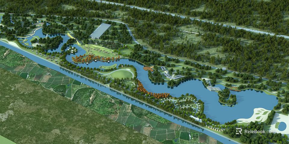 Scenic Park Landscape Featuring Winding River Lush Trees Green Spaces And Pedestrian Paths 3d model 