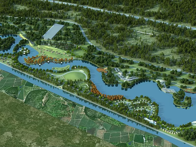 Scenic Park Landscape Featuring Winding River Lush Trees Green Spaces And Pedestrian Paths 3d model