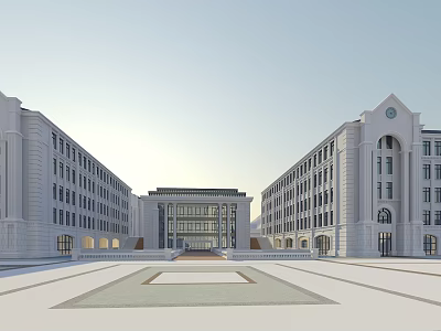 White School Building Featuring Symmetrical Teaching Rows Spacious Square Geometric Patterns Arched Windows Circular Clock 3d model