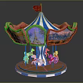 Colorful Amusement Park Carousel Ride With Decorative Canopy Flags Horses And Eiffel Tower Paintings