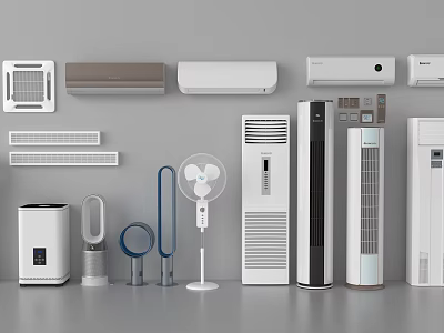 Various Types of Air Conditioners and Fans Including Wall Mounted Floor Standing and Bladeless Models 3d model