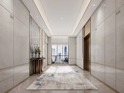 Modern Luxurious Elevator Hallway Interior With Marble Walls Large Rug And City View Windows 3d model