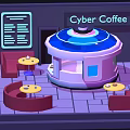 Cartoon Cyber Coffee Shop Interior With Circular Bar Counter Tables Chairs And Screens