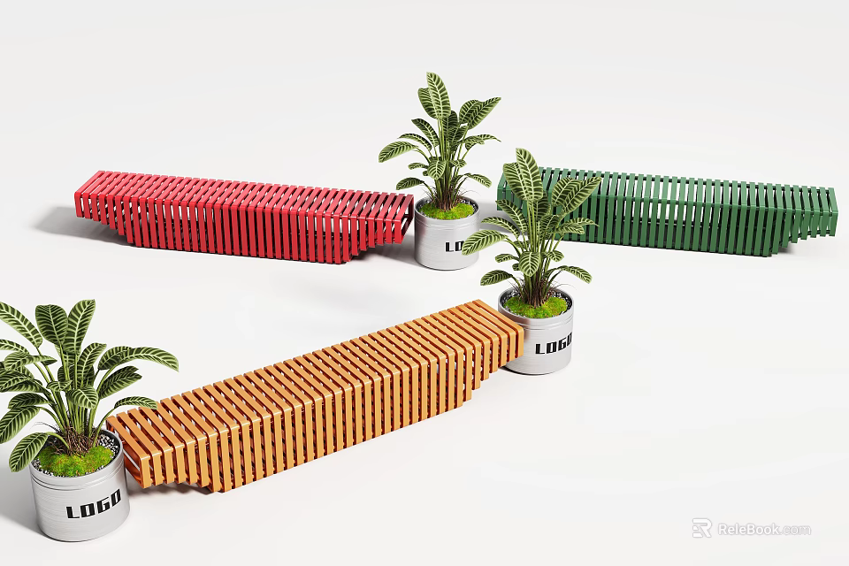 Vibrant Multicolor Slatted Expandable Outdoor Chairs With Decorative Potted Plants For Courtyard And Public Spaces 3d model 