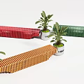 Vibrant Multicolor Slatted Expandable Outdoor Chairs With Decorative Potted Plants For Courtyard And Public Spaces