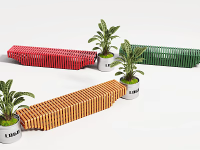 Vibrant Multicolor Slatted Expandable Outdoor Chairs With Decorative Potted Plants For Courtyard And Public Spaces 3d model