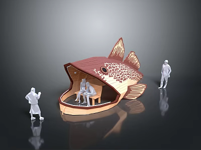 Outdoor Chair In Fish Shaped Outdoor Structure With People Sitting And Standing 3d model