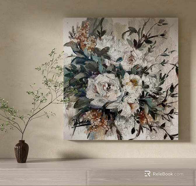 Textured Floral Plant Painting Featuring White Flowers Green Leaves And Decorative Vase 3d model 