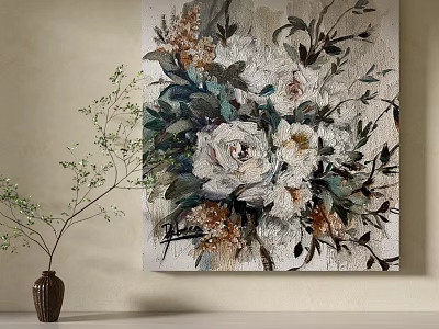 Textured Floral Plant Painting Featuring White Flowers Green Leaves And Decorative Vase 3d model