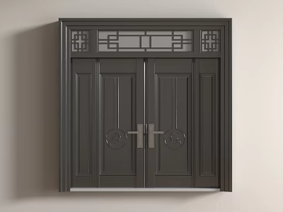 Traditional Chinese Style Black Double Door With Lattice Top And Metal Decorative Handles 3d model