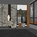 Modern Minimalist Leisure Chair With Rock Wall Small Wooden Table And Large Potted Plant