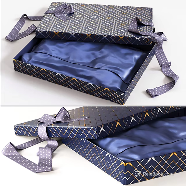 Elegant Gift Box With Blue Satin Lining Gold Geometric Pattern And Ribbon Accents 3d model 