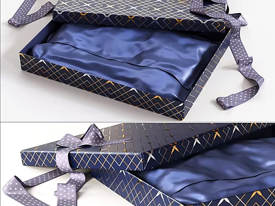 Elegant Gift Box With Blue Satin Lining Gold Geometric Pattern And Ribbon Accents 3d model