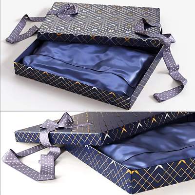 Elegant Gift Box With Blue Satin Lining Gold Geometric Pattern And Ribbon Accents 3d model