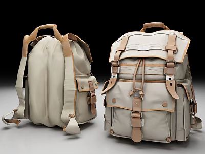 Light Gray Backpack With Leather Straps Buckles And Multiple Pockets Design 3d model
