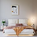 Double Bed With White Headboard Brown Blanket Pink Pillows Framed Painting Sunlight And Sea View