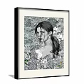 Black and White Portrait Painting of Woman with Ponytail in Floral Background
