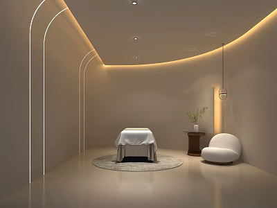 Serene Spa Sauna Interior With Massage Table Armchair Potted Plant And Soft Lighting 3d model