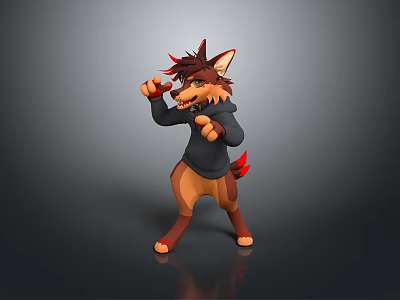 3D Rendered Cartoon Wolf Character In Black Hoodie With Fighting Pose And Red Accents 3d model