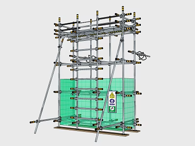 Scaffolding Structure With Green Safety Net Metal Frames And Warning Labels 3d model