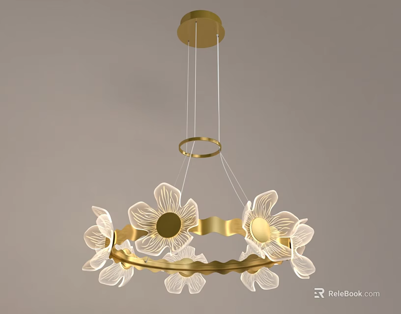 Elegant Golden Flower Shaped Chandelier With Transparent Petals Modern Hanging Design 3d model 