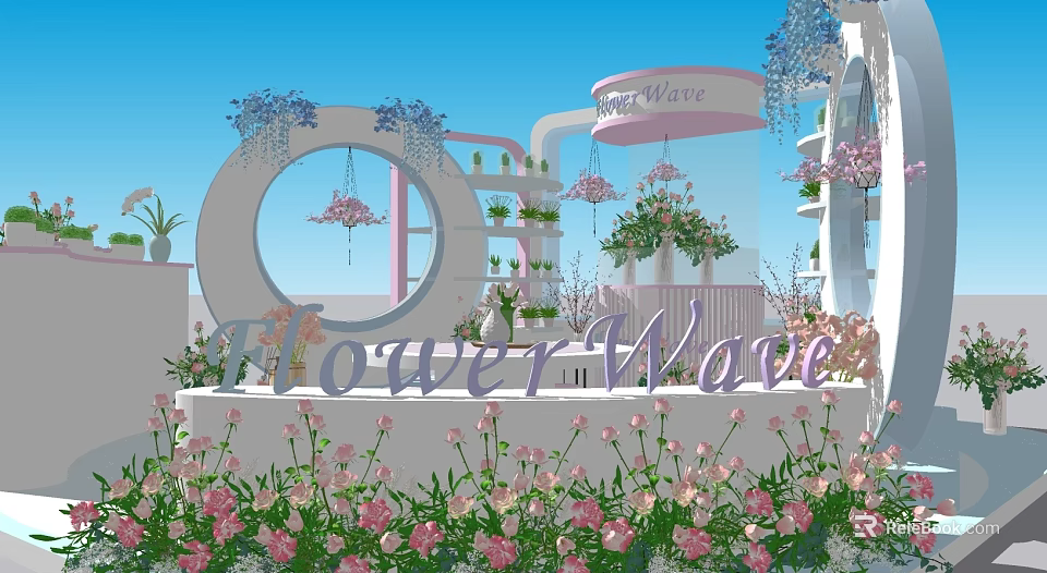 Flower Wave Floral Display With Pink Flowers Hanging Baskets And Arch Decoration 3d model 