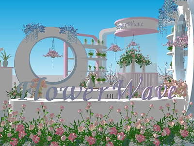 Flower Wave Floral Display With Pink Flowers Hanging Baskets And Arch Decoration 3d model