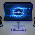 Modern Background Wall With Virtual Interface Blue Globe Digital Spots Flanking Devices And Central Column