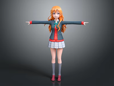 Game Anime Character With Orange Hair Wearing School Uniform In Standing Pose And Outstretched Arms 3d model