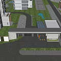 Modern Residential Entrance Gate with High Rise Buildings Greenery and Driveway Lighting
