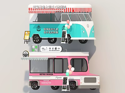 Colorful Mobile Food Trucks With Decorated Awnings And Menu Boards 3d model