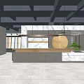 Spacious Indoor Hallway With White Marble Floor Glass Doors Black Ceiling Wooden Counter Green Plant