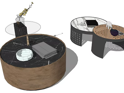 Modern Stylish Coffee Table With Round Marble Top Wooden Base Decorative Tray Vase 3d model