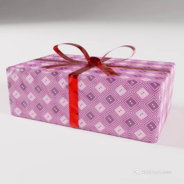 Pink Gift Box With Diamond Pattern Red Ribbon And Bow Decoration 3d model